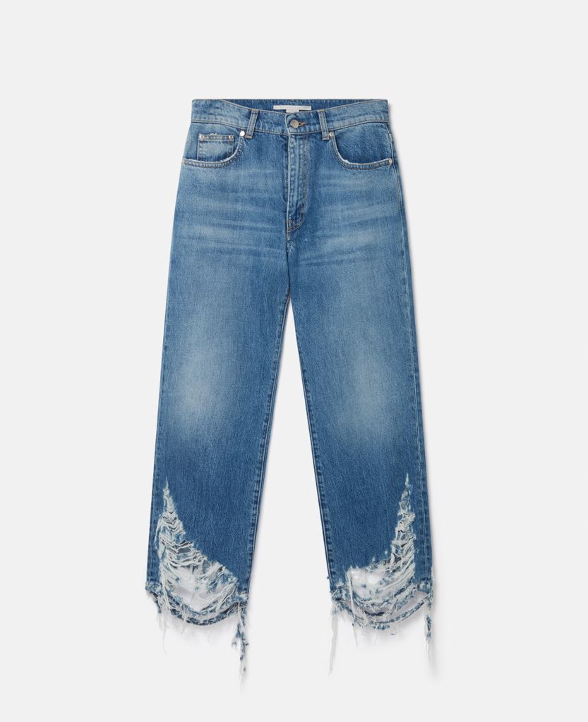 Vintage Wash Deconstructed Straight Leg Jeans, Woman, Mid Blue, Size: 27