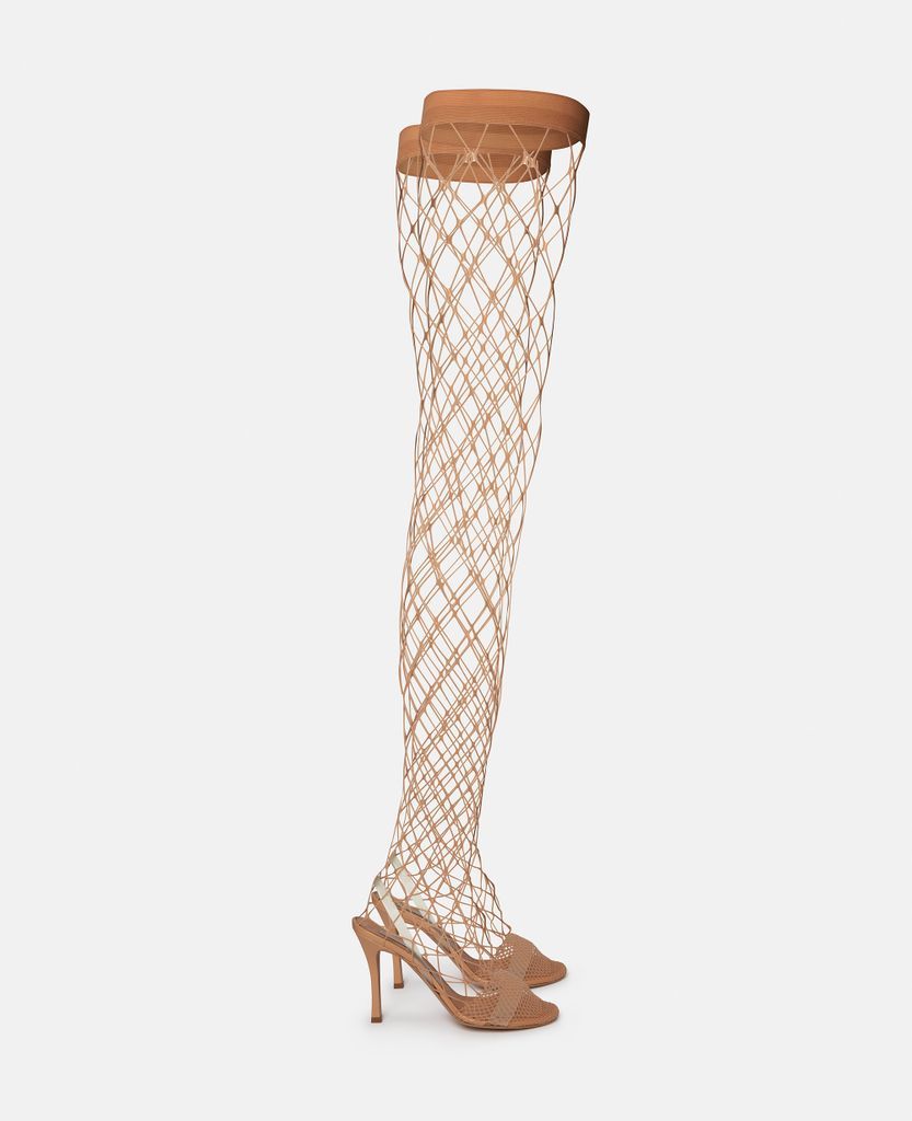 Stella 100 Fishnet Thigh-High Heels, Woman, Camel, Size: 35