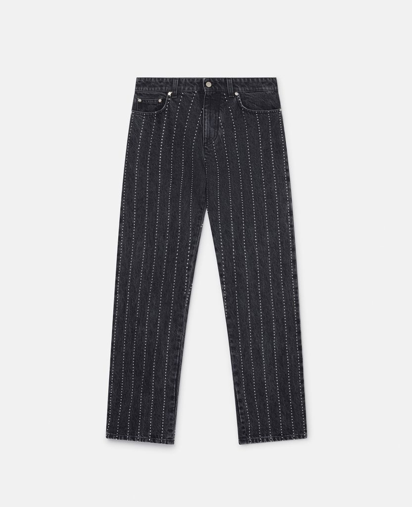 Crystal Pinstripe Straight Leg Jeans, Woman, Washed Black, Size: 30