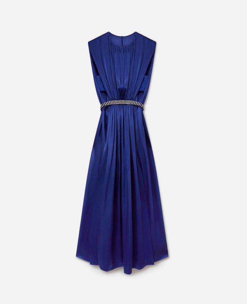 Belted Pleat Front Double Satin Evening Dress, Woman, Sapphire Blue, Size: 44