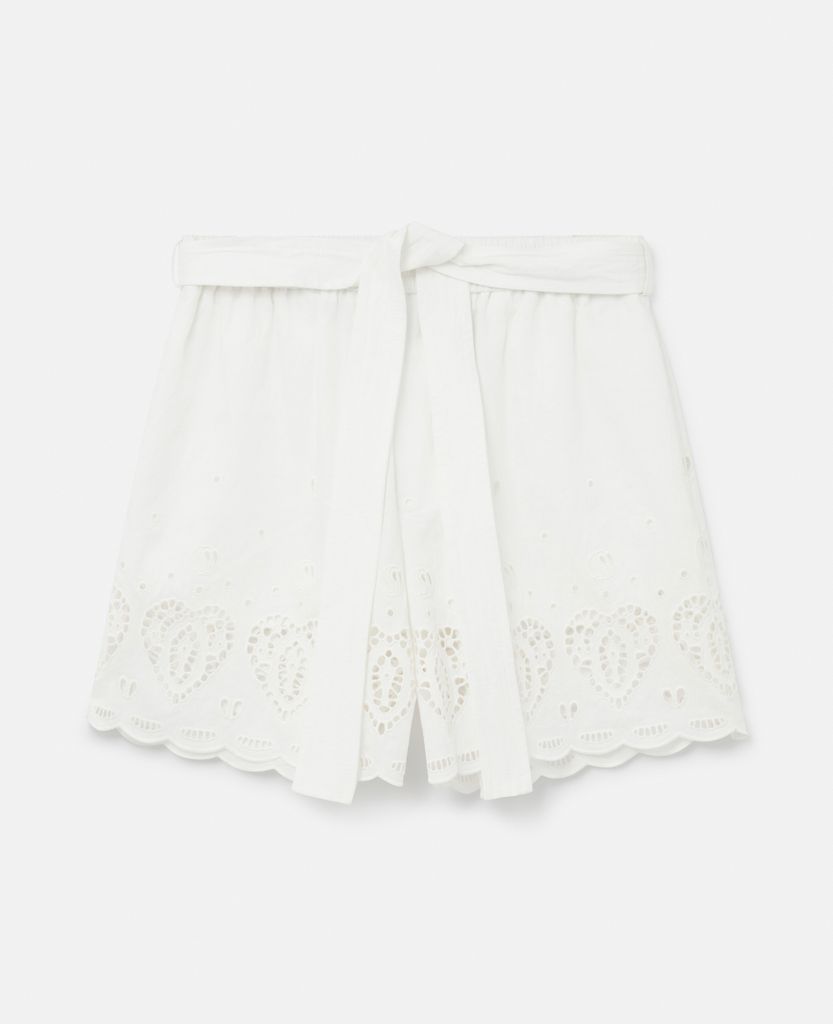 Cotton-Linen Heart Perforation Shorts, Woman, Cream, Size: 42