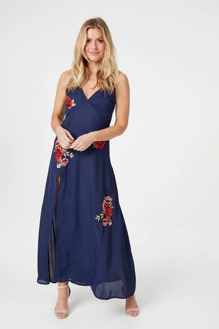 Embroidered Rose Maxi Slip Dress
