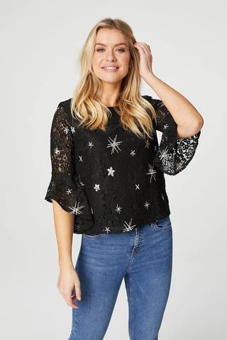 Star Motif Embroidered Lace Blouse