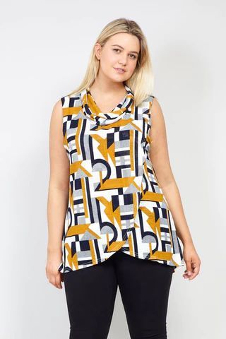 Curve Geo Print Wrap Front Tunic Top