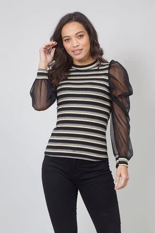Striped Sheer Puff Sleeve Blouse