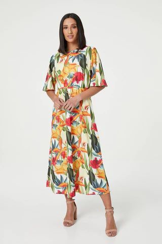 Tropical Print Smock Midi Dress