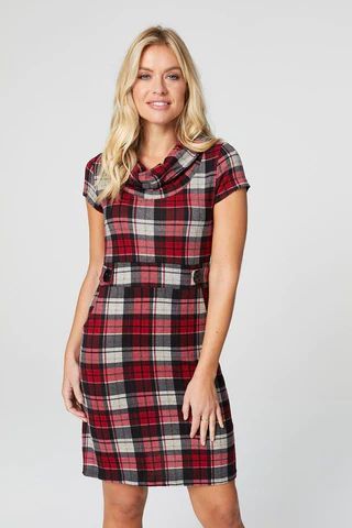 Checked Cowl Neck Tunic Dress