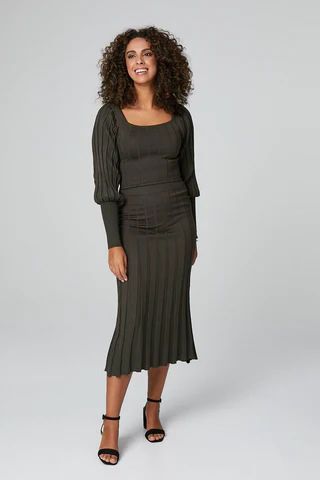 Striped Puff Sleeve Crop Top & Midi Skirt Set
