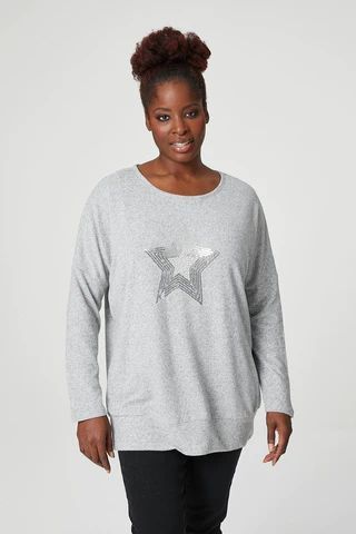 Curve Star Motif Sequin Sweatshirt