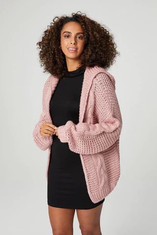 Open Front Hooded Cable Knit Cardigan