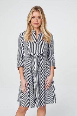 Striped Tie Waist Shirt Dress