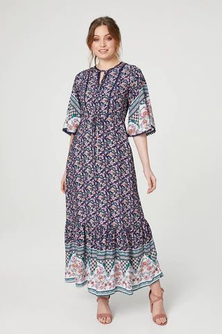 Floral 1/2 Sleeve Tiered Maxi Dress