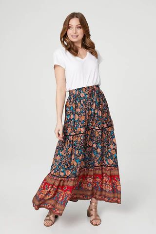 Floral High Waist Tiered Maxi Skirt
