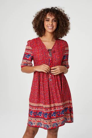 Ditsy Floral Tie Front Smock Dress