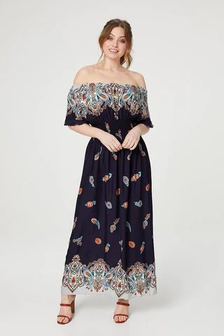 Paisley Print Bardot Neck Maxi Dress
