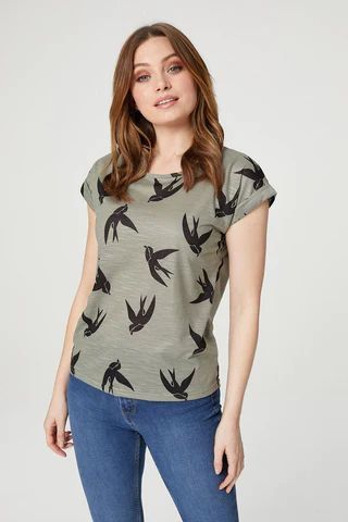 Bird Print Cap Sleeve T-Shirt