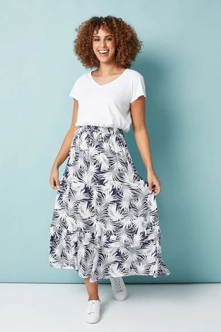 Leaf Print Tiered Midi Skirt