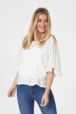 3/4 Batwing Sleeve Sheer Lace Blouse