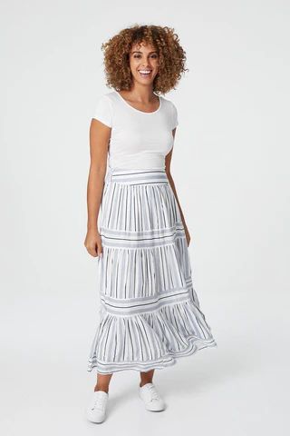 Striped High Waist Tiered Maxi Skirt