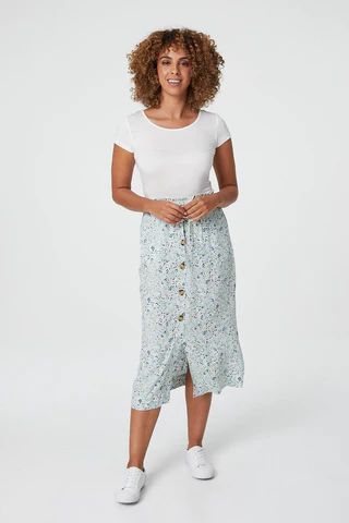 Ditsy Floral Button Front Midi Skirt