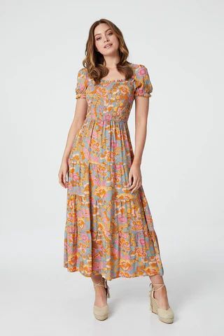 Retro Floral Square Neck Midi Dress