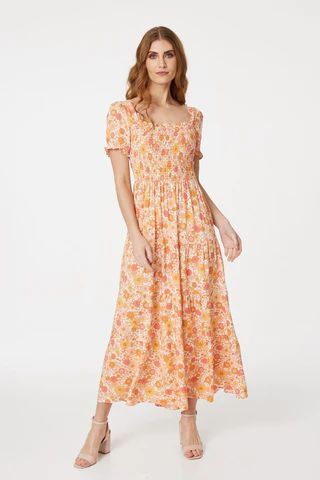 Retro Floral Shirred Maxi Dress