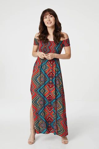 Aztec Print Bardot Maxi Dress