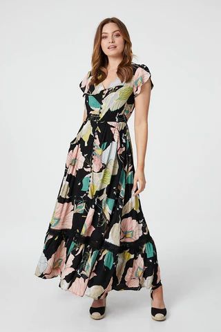 Floral Cap Sleeve Tiered Maxi Dress
