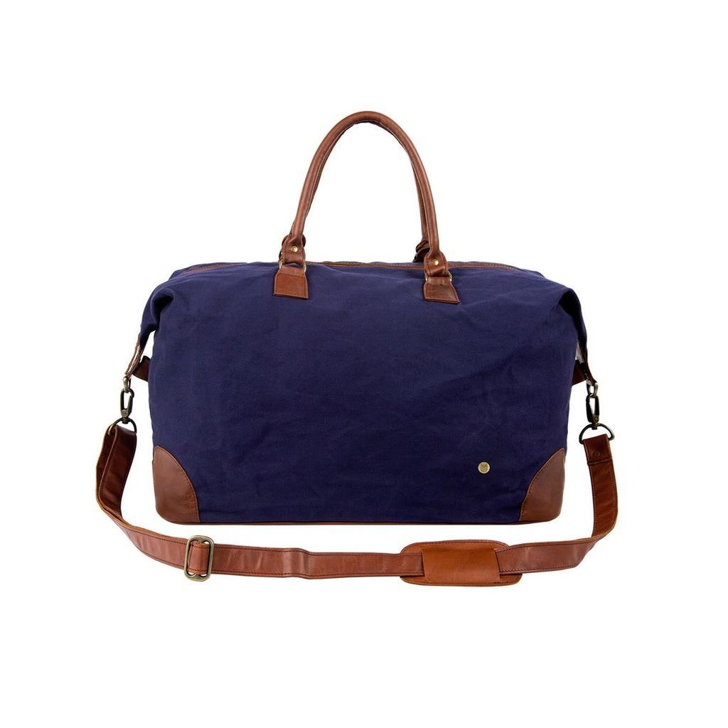 MAHI Leather - Classic Travel Bag In Navy Canvas & Brown Leather