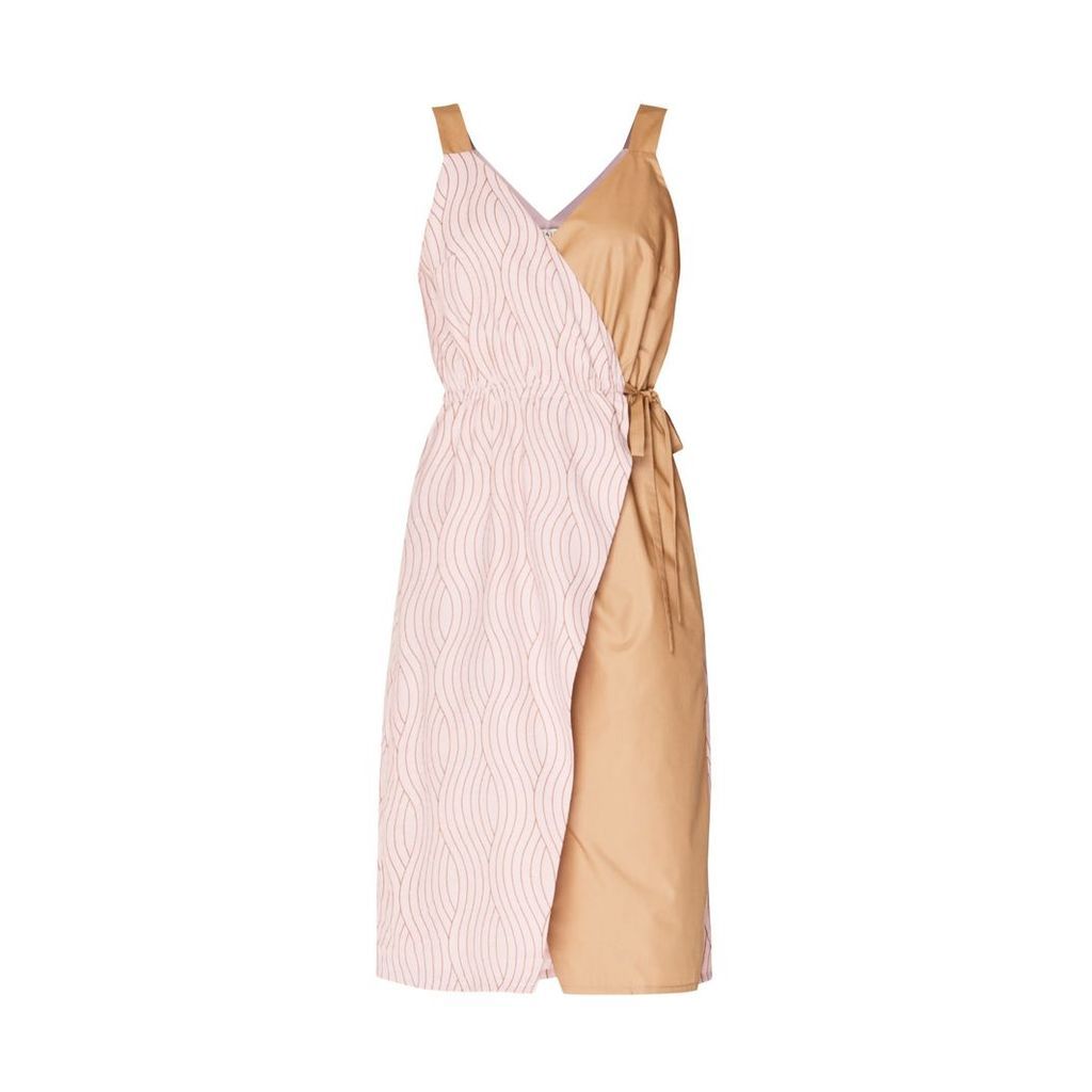 PAISIE - Wave Print Wrap Dress With Block Colour Panel In Blush, Gold & Tan