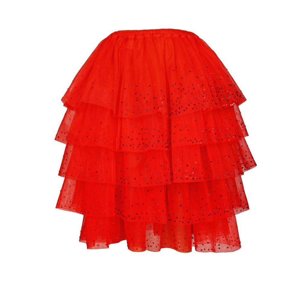 JIRI KALFAR - Red Organic Tulle Multi-Tiered Ruffle Skirt