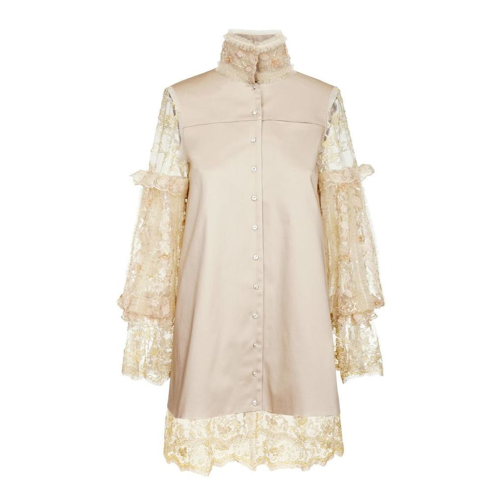JIRI KALFAR - Beige Button Up Dress With Bouffant Sleeves