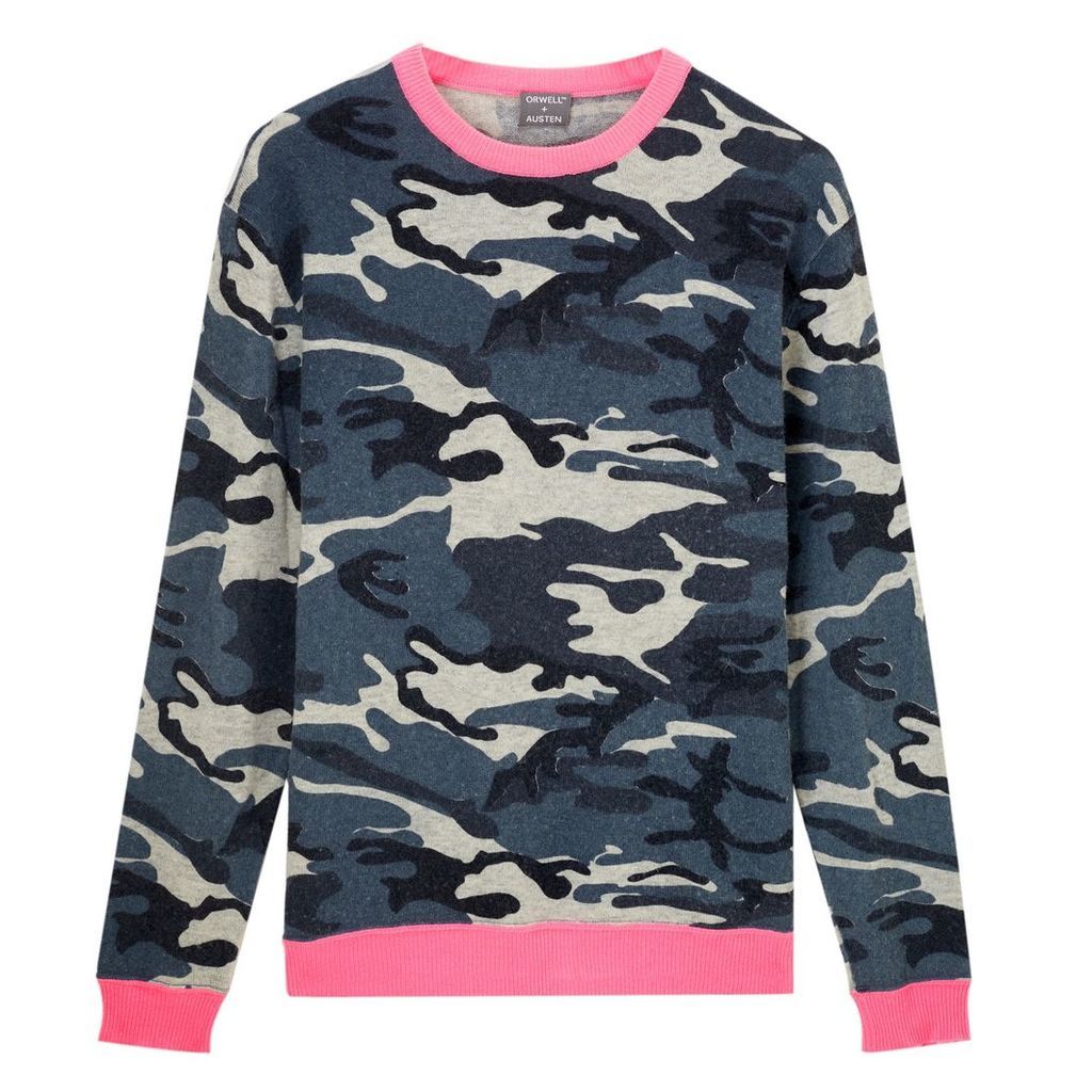 Orwell + Austen Cashmere - Camoflauge Printed Cashmere Blend Sweater With Neon Pink