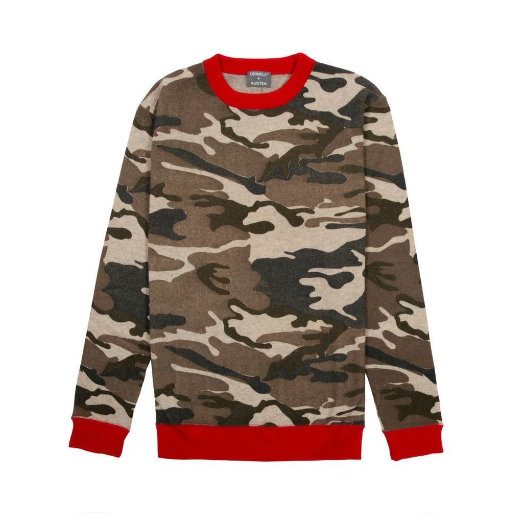 Orwell + Austen Cashmere - Camouflage Cashmere Blend Printed Sweater With Red Trim