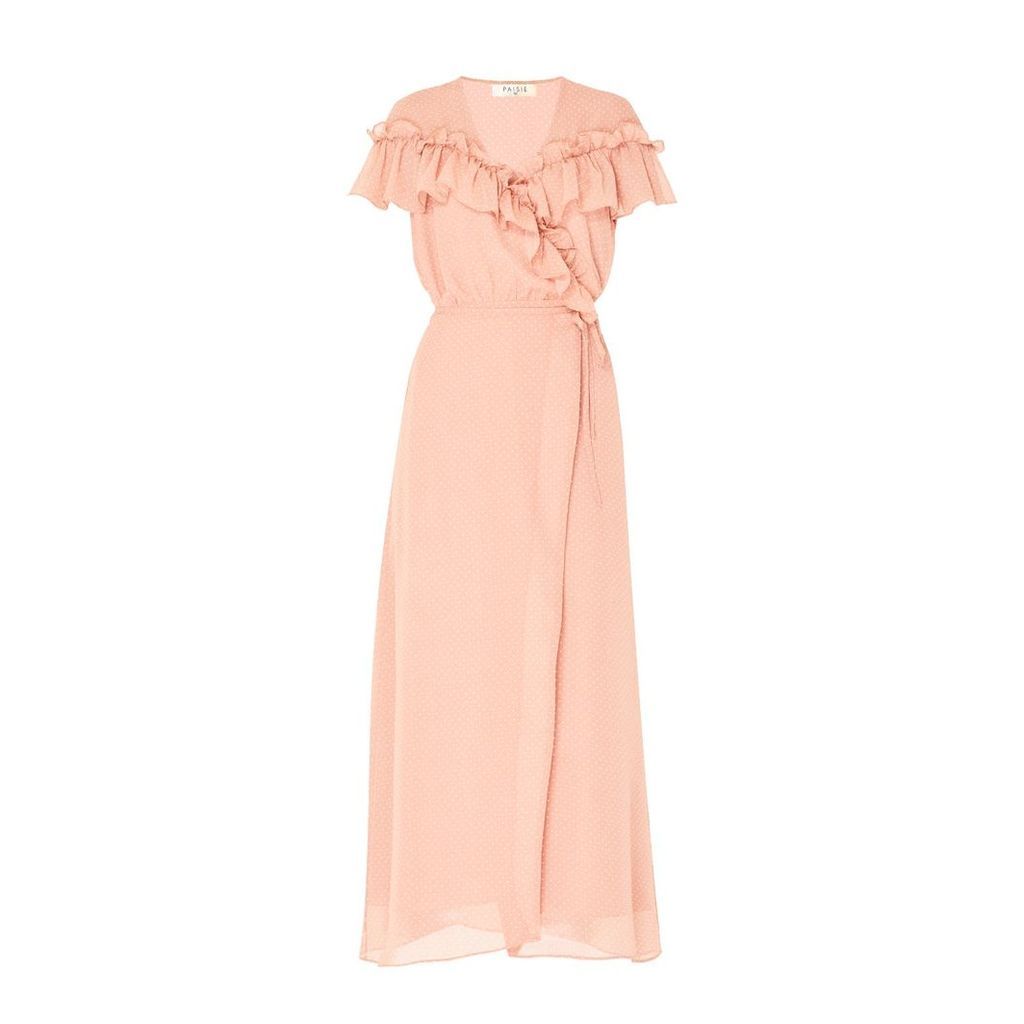 PAISIE - Polka Dot Maxi Wrap Dress With Ruffle Details In Coral & White