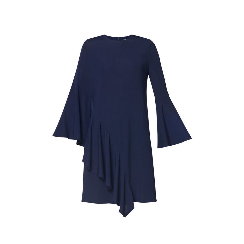 PAISIE - Round Neck Dress With Asymmetric Side Frill Overlay In Navy