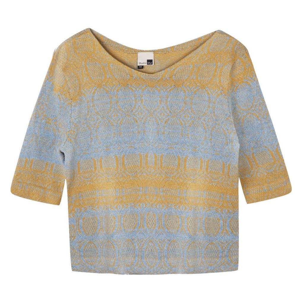 STUDIO MYR - One-Of-A-Kind Three-Quarter Sleeve Knitted Cotton Jumper Denim Golden Blue