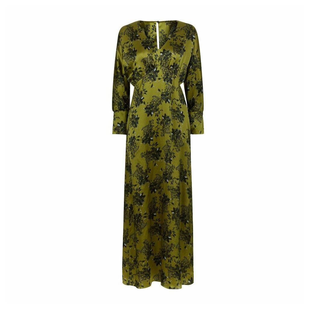 PHOEBE GRACE - Sally V Neck Large Cuff Midaxi Dress in Lime Flower Print