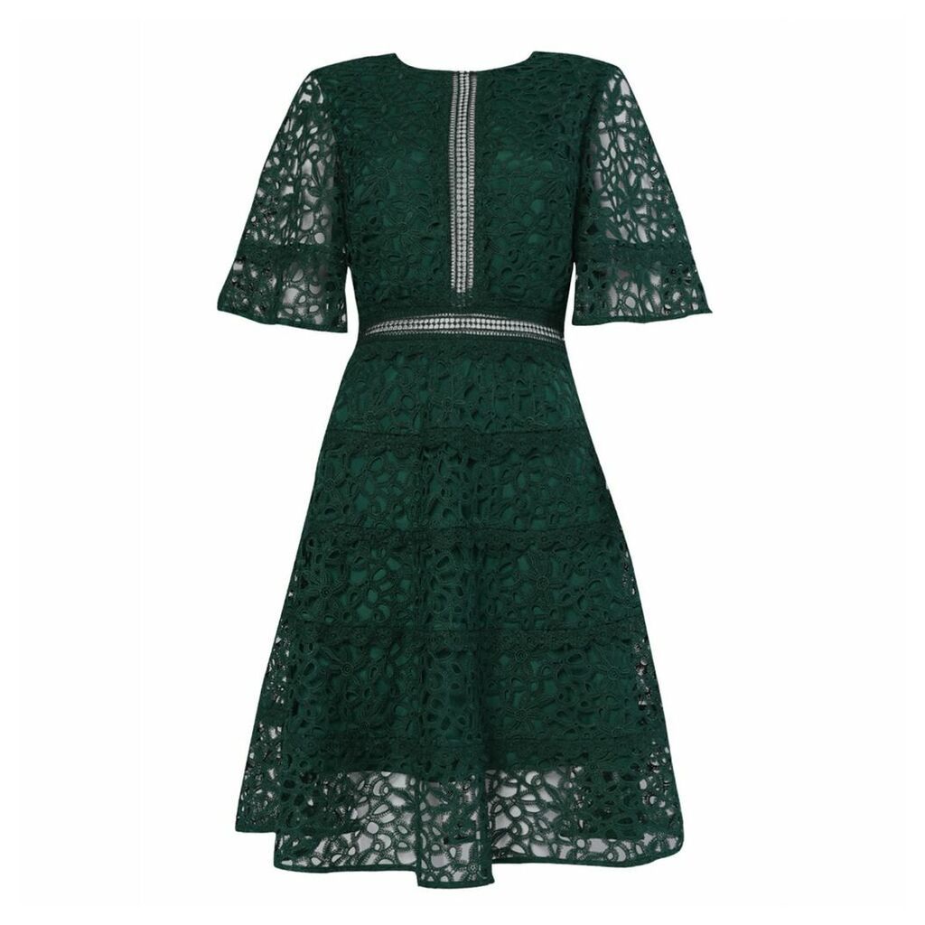 True Decadence - Dark Green Lace Cut Work Midi Dress