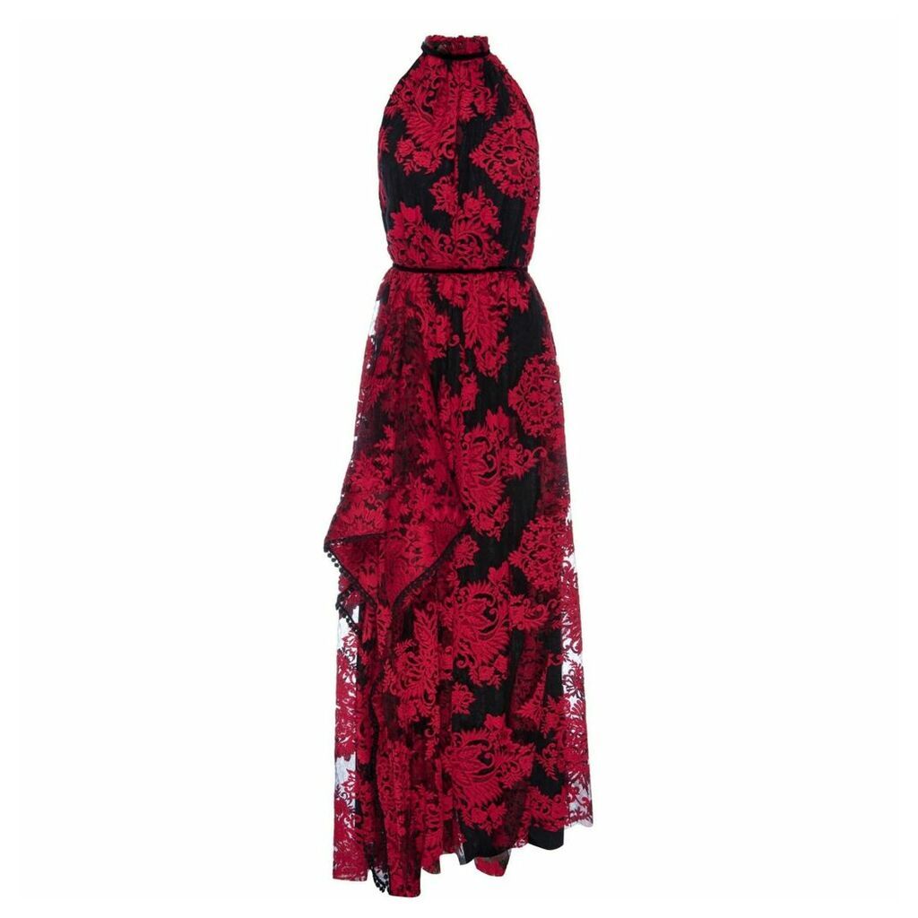 LAHIVE - Marcella Red Embroidered Halter Lace Gown