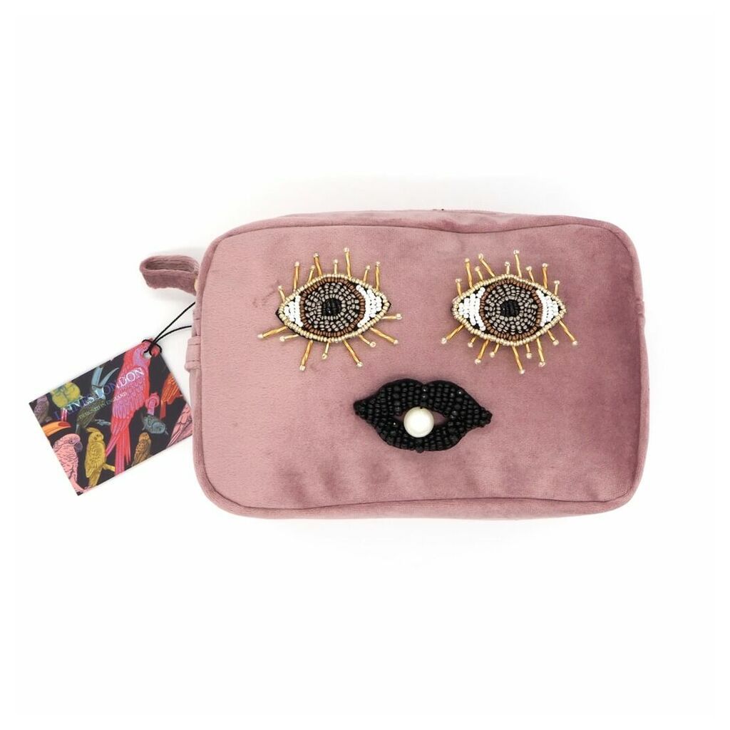 Laines London - Blush Pink Velvet Bag With Beaded Eyes & Lips Brooch (Limited Edition)
