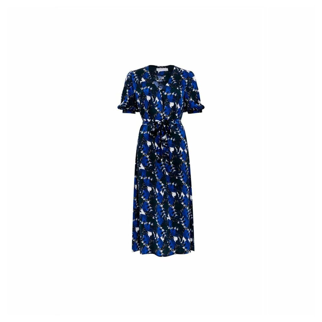 PHOEBE GRACE - Noora V-Neck Midaxi Belted Short Sleeved Dress In Blue/White Leaf