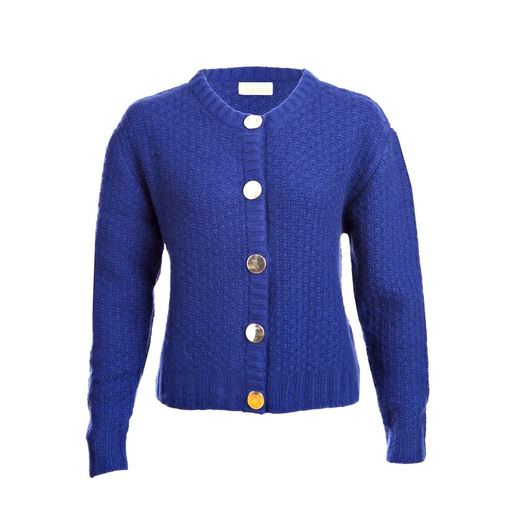 Asneh - Blue Hand Knitted Cardigan Jacket With Gold Buttons