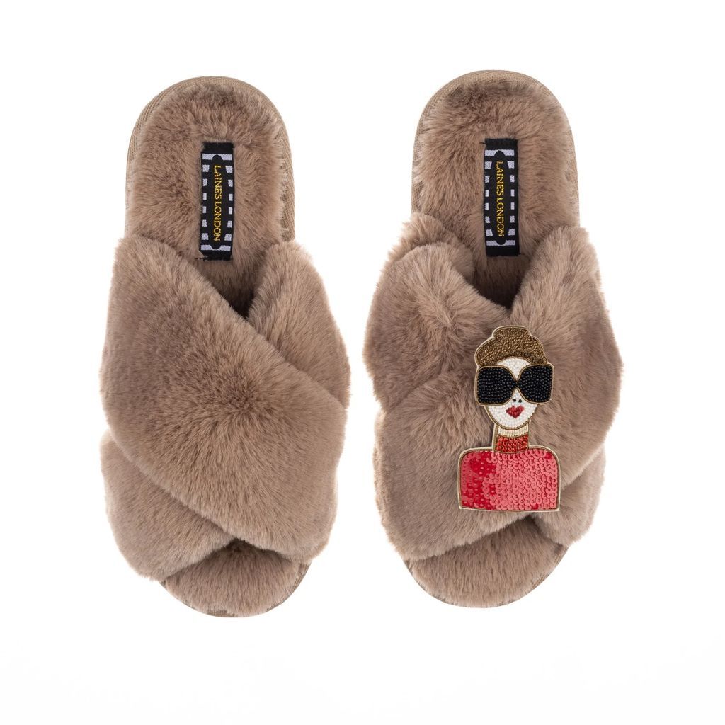 LAINES LONDON - Classic Laines Toffee Slippers With Premium Deluxe Glam Gal Brooch