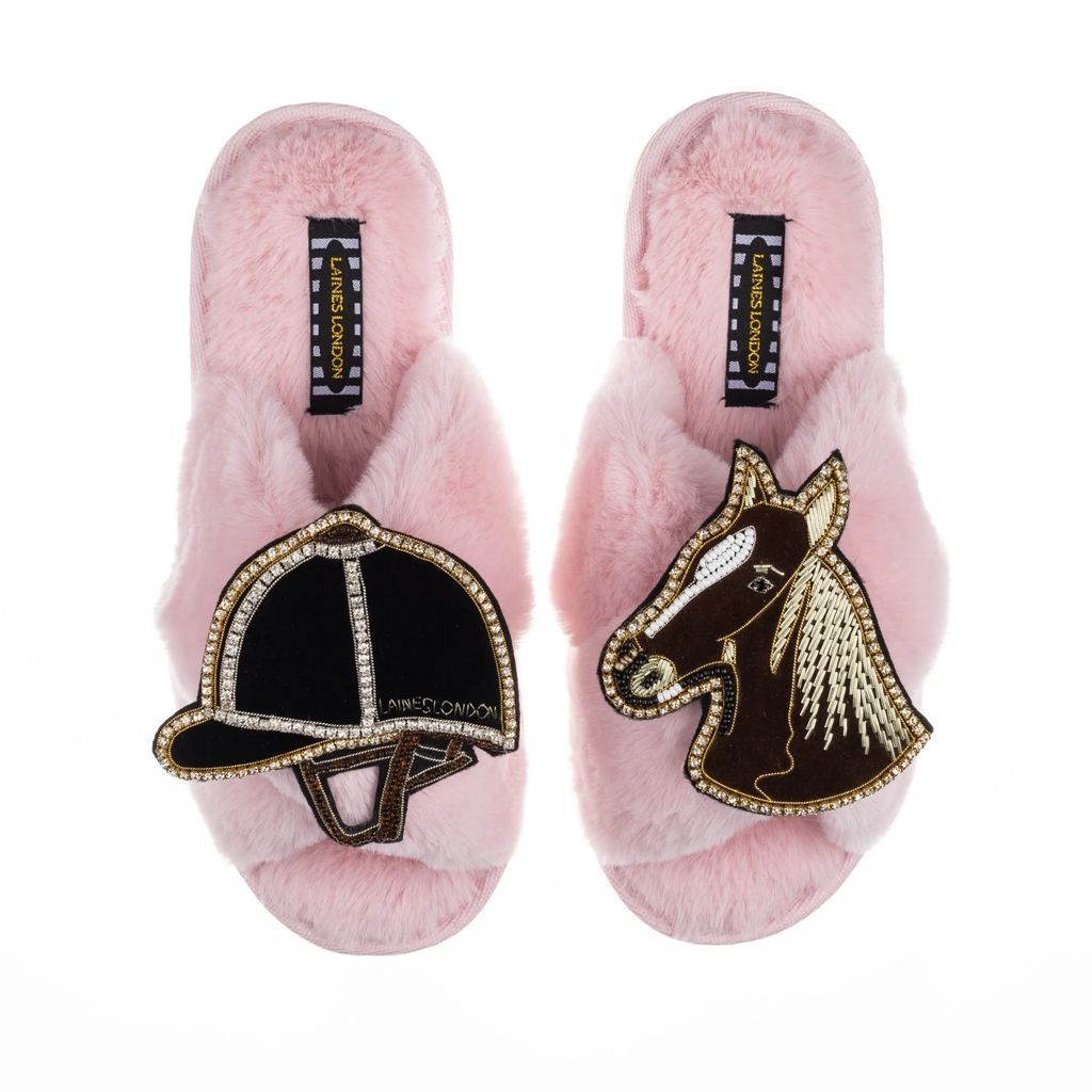 LAINES LONDON - Classic Laines Candy Pink Slippers With Double Deluxe Riding Hat & Brown Horse Brooches