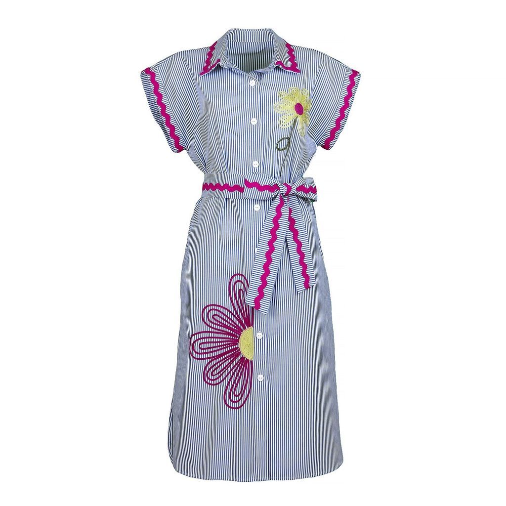 Lalipop Design - Pinstripe Cotton Shirtdress With Flower Embroidery