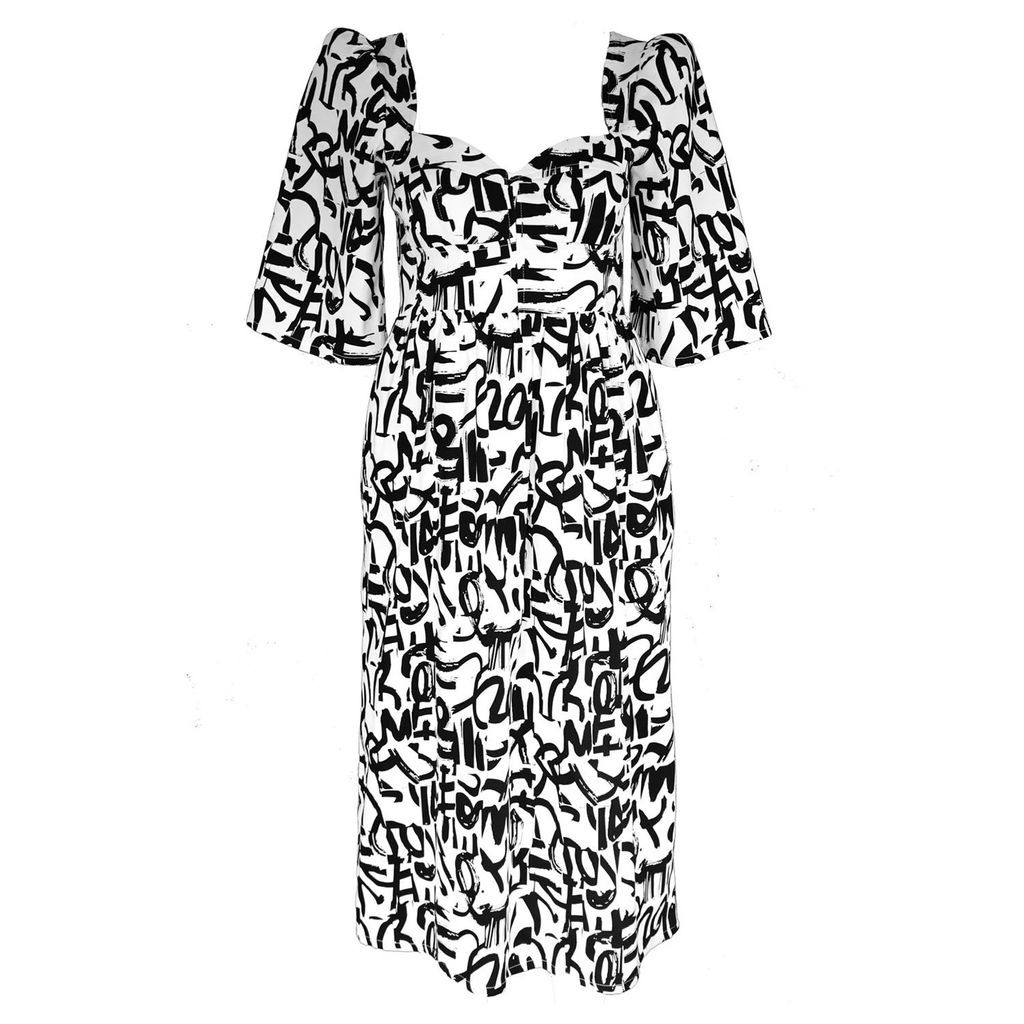 Onirik - Suzan Dress in Milkly White & Black Brushstroke Cotton
