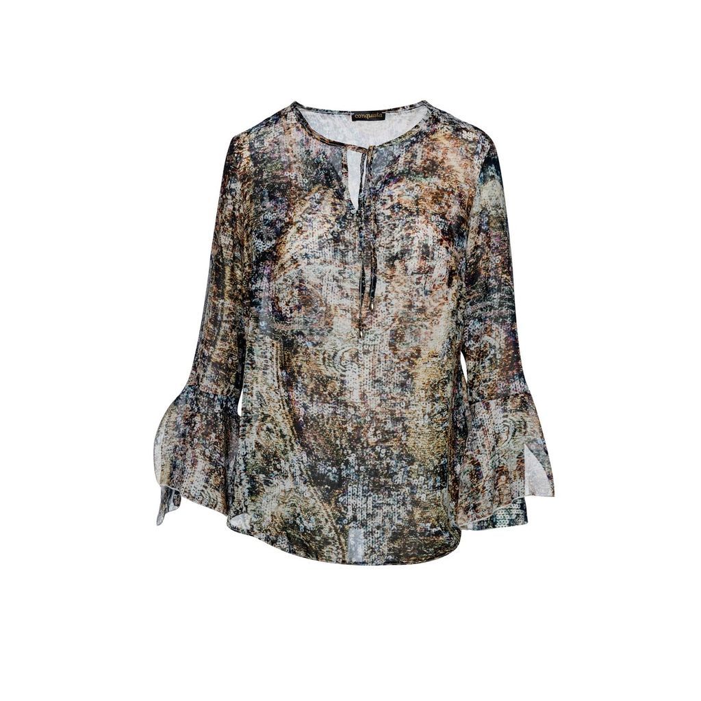 Conquista - Print Voile Top With Flounce Sleeves
