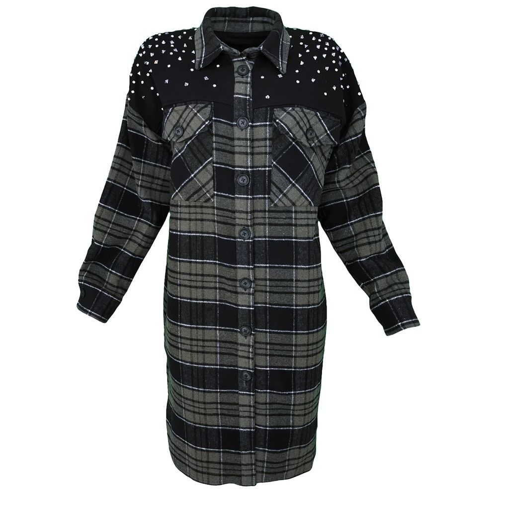 Lalipop Design - Khaki Plaid Shirt Coat With Rhinestones & Black Studs