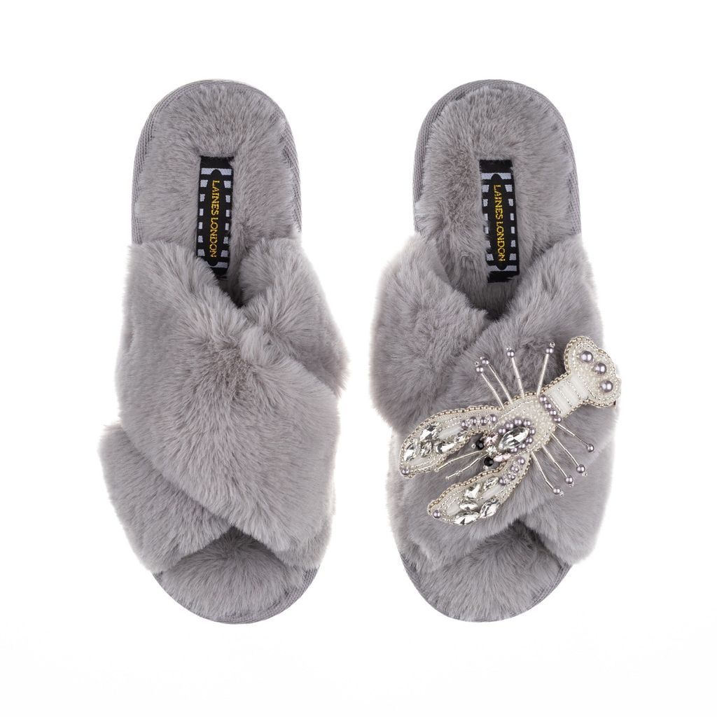 LAINES LONDON - Classic Laines Grey Slippers With Artisan Silver Lobster Brooch